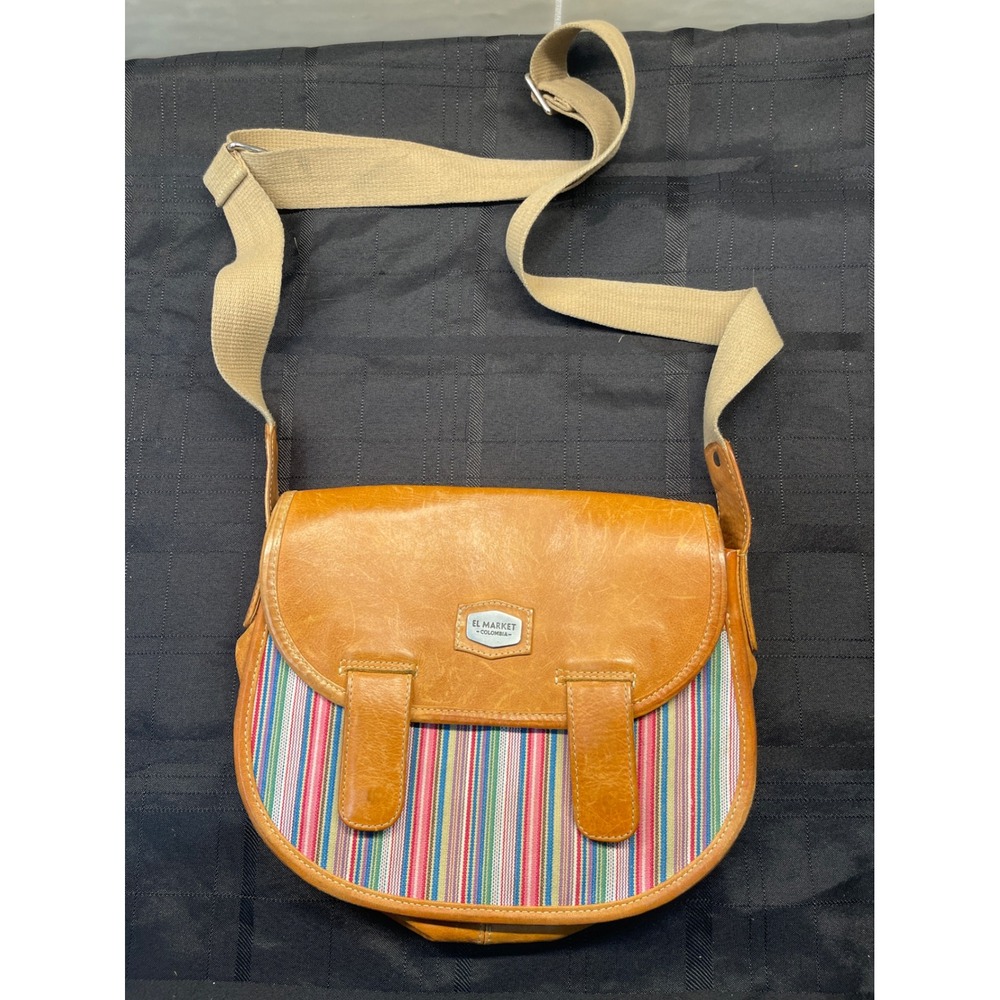El‎ Market Leather Crossbody Bag Striped Canvas Flap Shoulder Bag